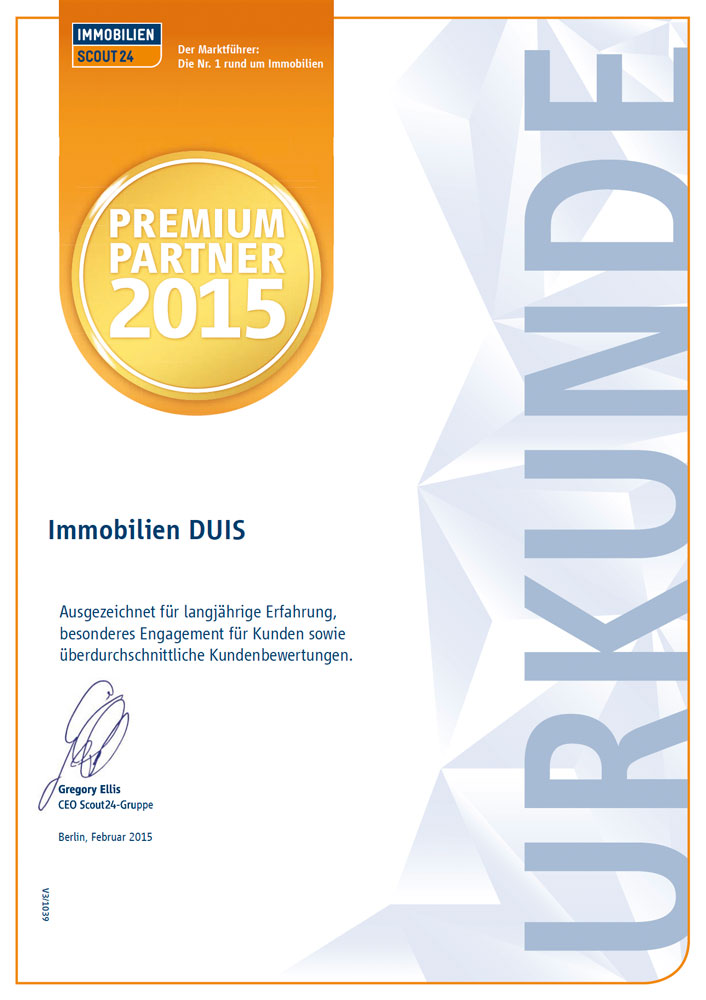 Immobilienmakler mit Auszeichnung. DUIS Immobilien Immoscout Urkunde 2015