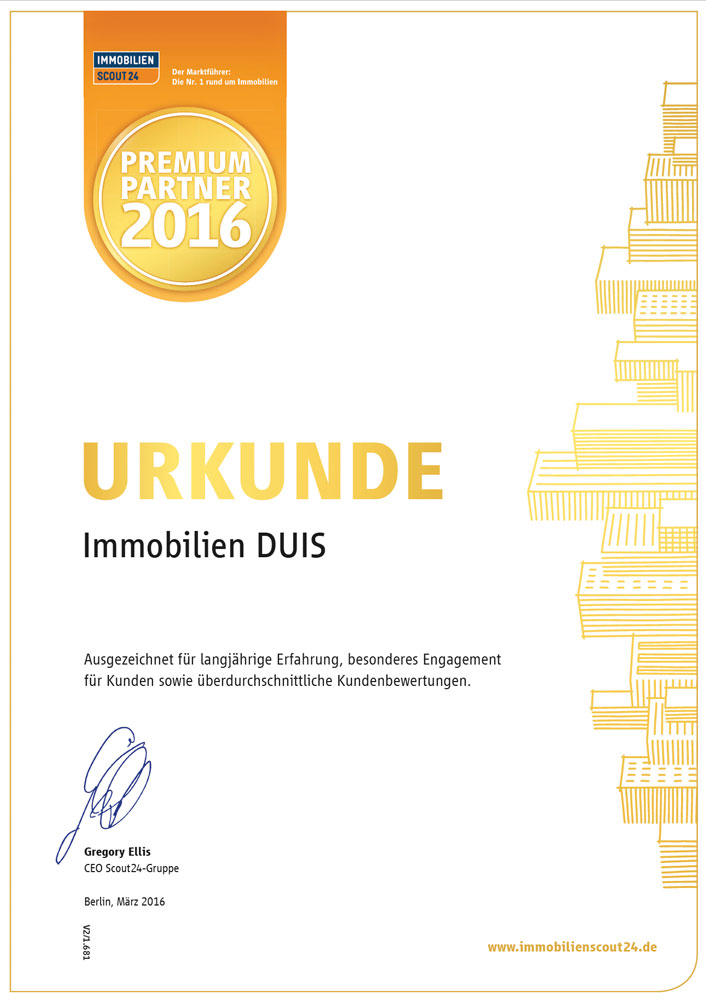 Immobilienmakler mit Auszeichnung. DUIS Immobilien Immoscout Urkunde 2016