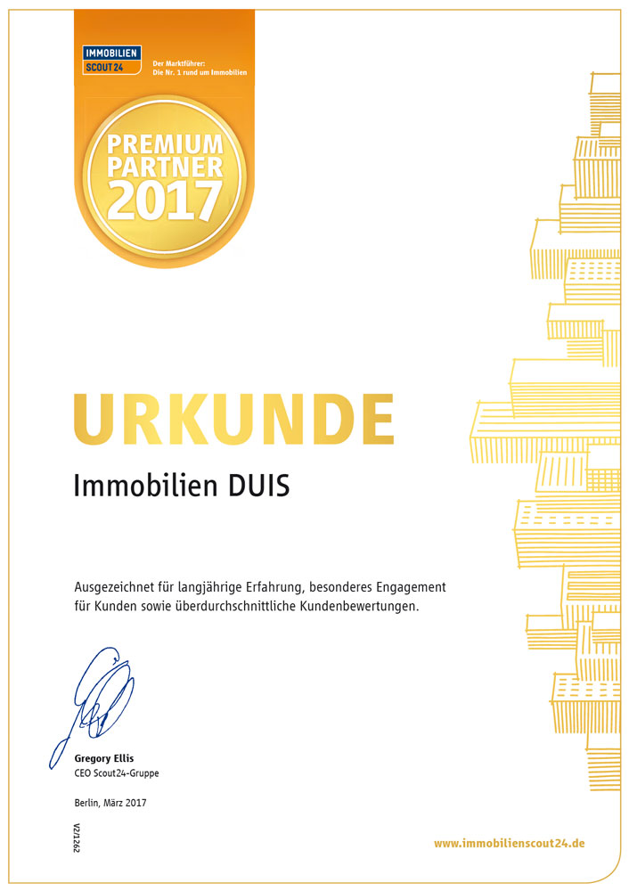 Immobilienmakler mit Auszeichnung. DUIS Immobilien Immoscout Urkunde 2017