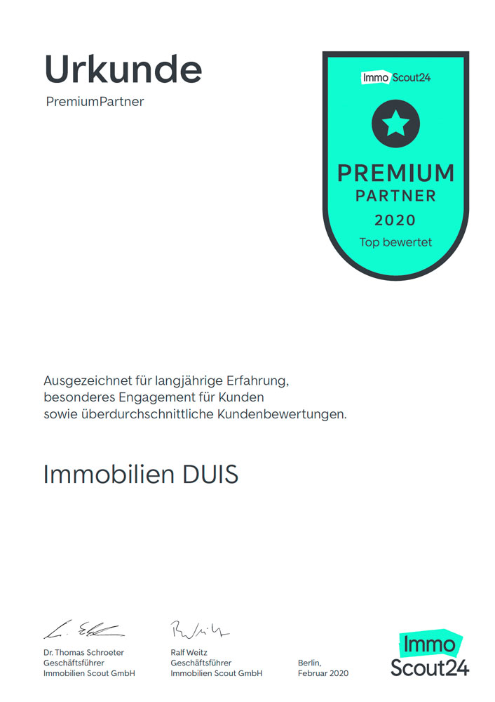 Immobilienmakler mit Auszeichnung. DUIS Immobilien Immoscout Urkunde 2020